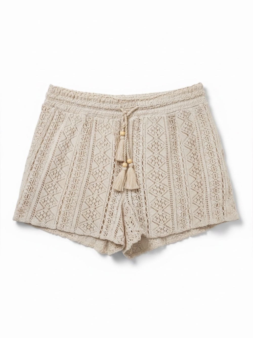 Goa Bohemian Crochet Lace Beige Shorts Tassel Drawstrings beach Cover Up Size L